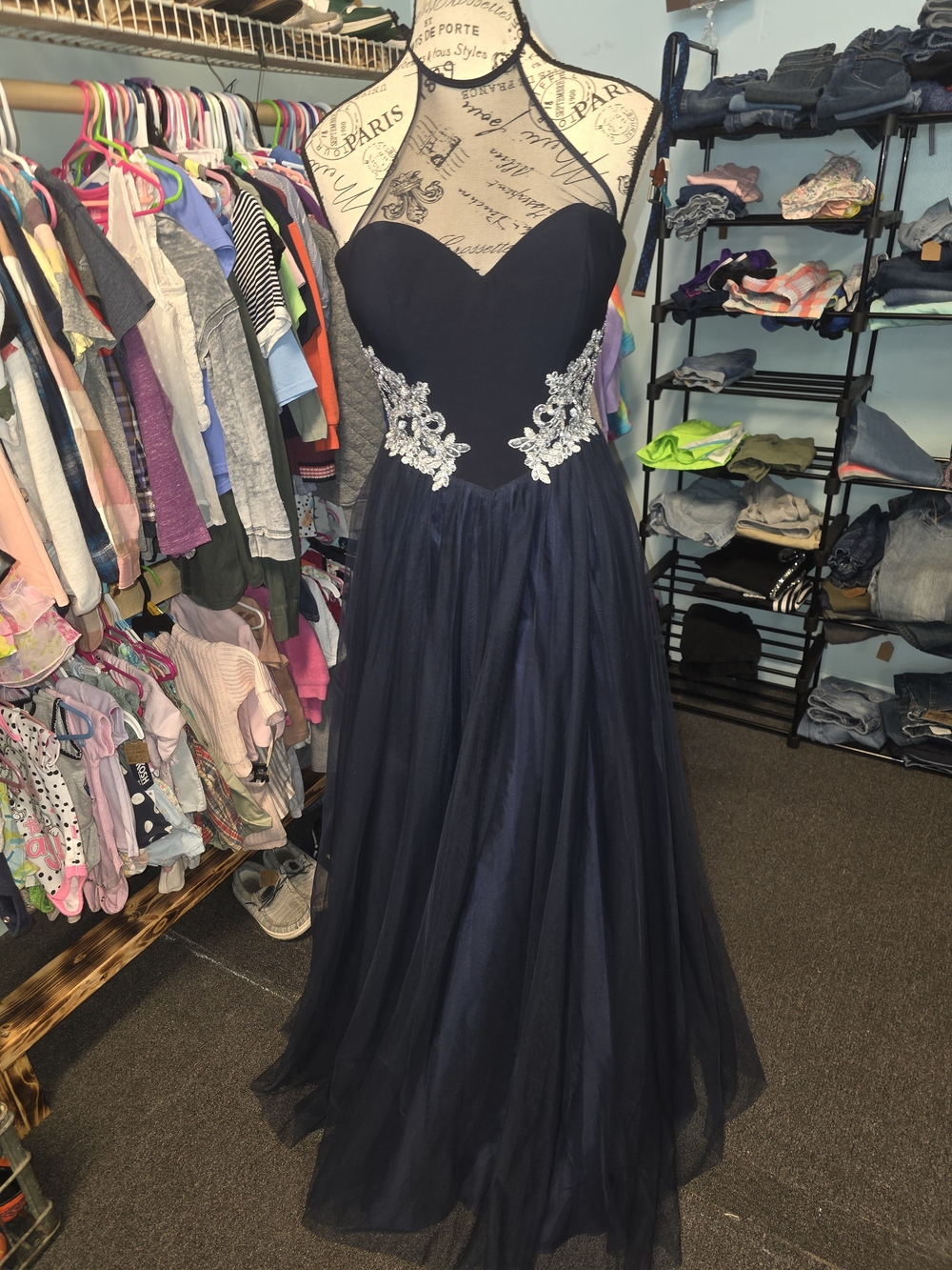 DJ Jaz Elegant Navy Blue Strapless Evening Gown with Silver Appliqué